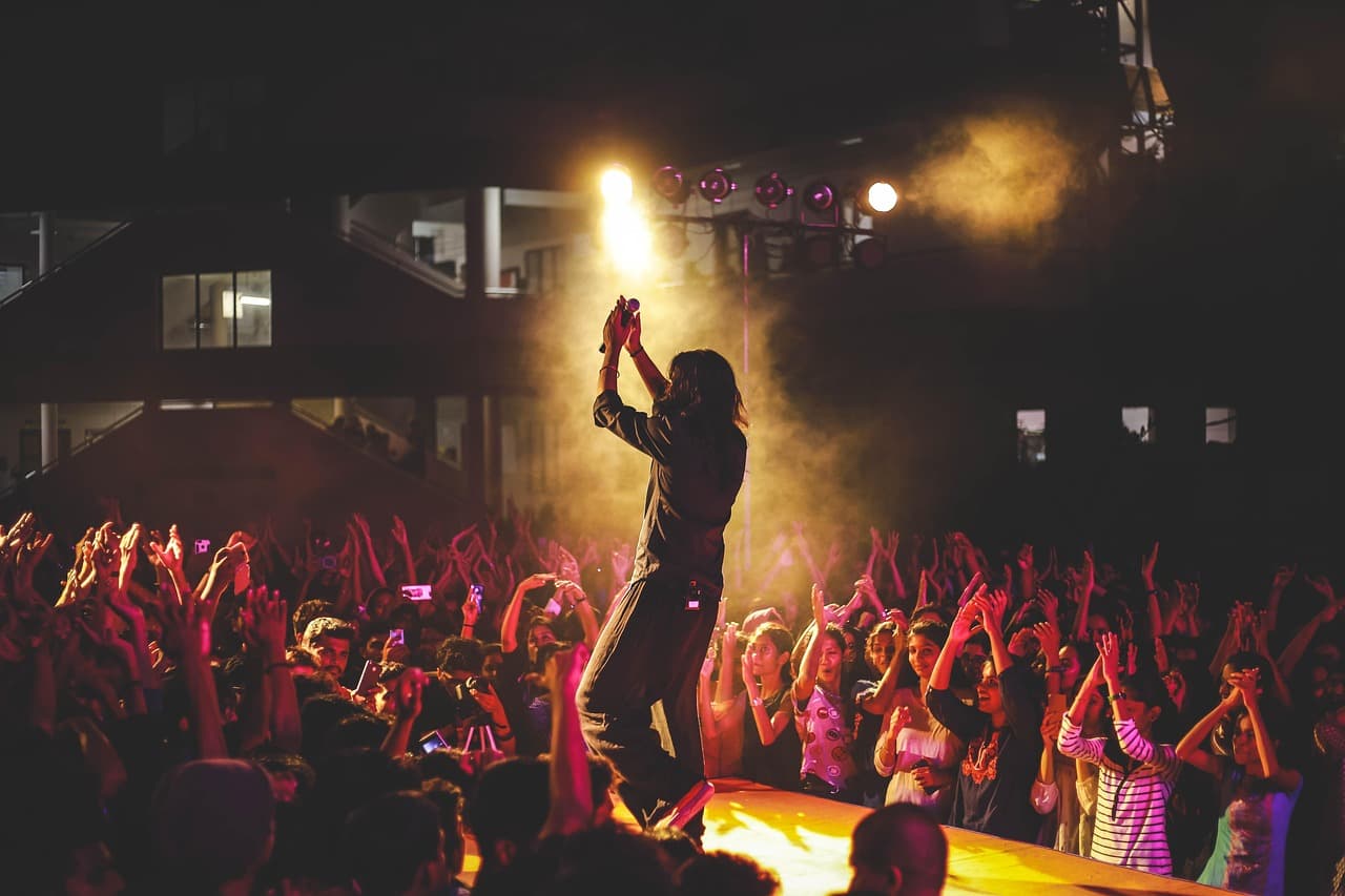 A vibrant concert with an excited crowd